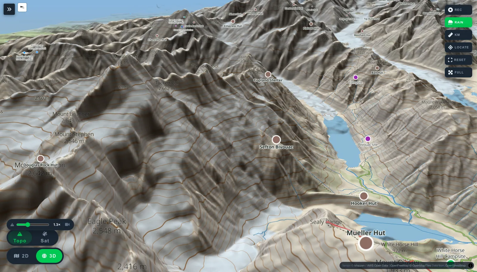 3D topographic view of Aoraki / Mount Cook at 3,724 metres, with contour lines, glaciers and backcountry huts labelled.