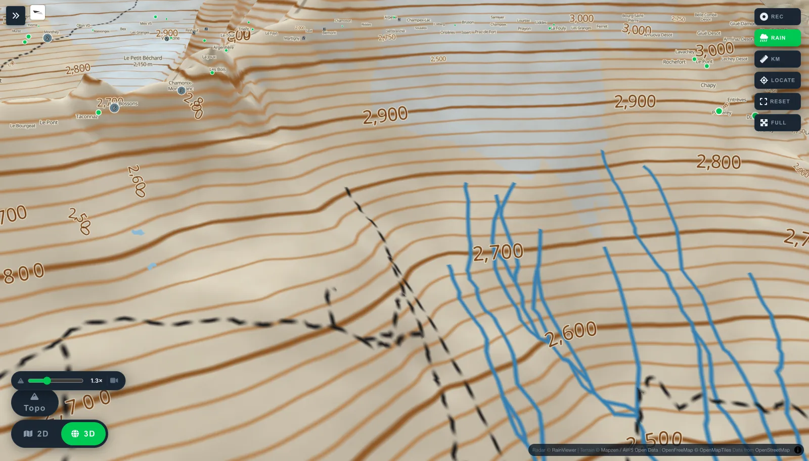 3D topographic view of Chamonix and the Mont Blanc massif.