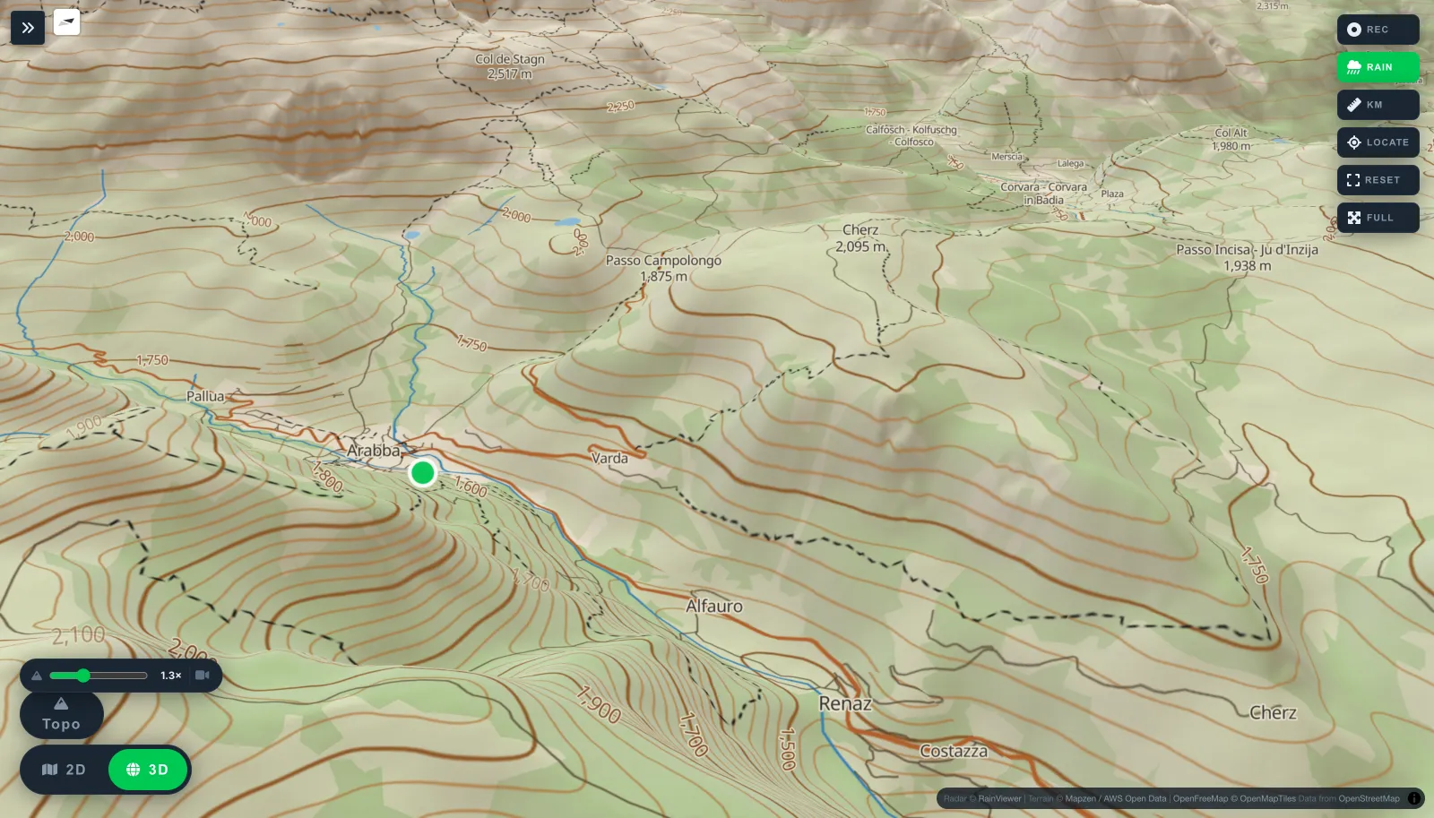 3D topographic view of the Dolomites in South Tyrol with official trail networks drawn over the terrain.