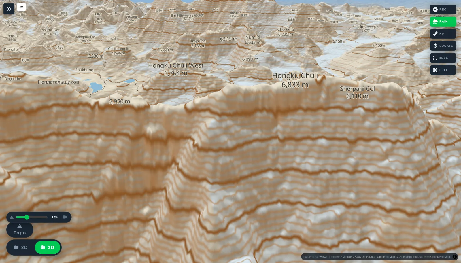 3D topographic view of Mount Everest and the Khumbu region.