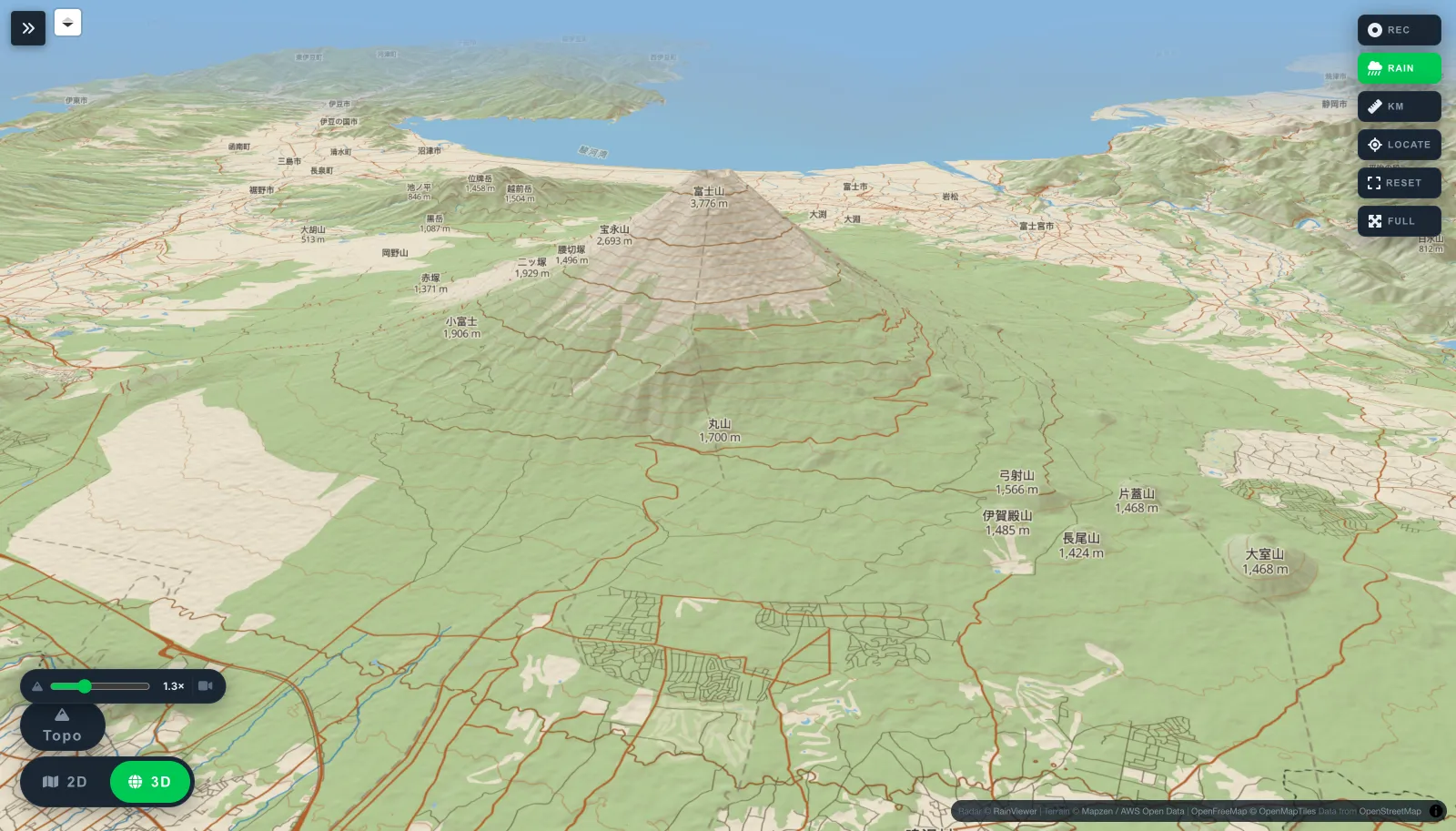 3D topographic view of Mount Fuji, Japan.