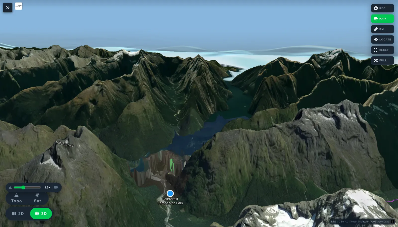 3D view of Milford Sound and the Milford Track, New Zealand.
