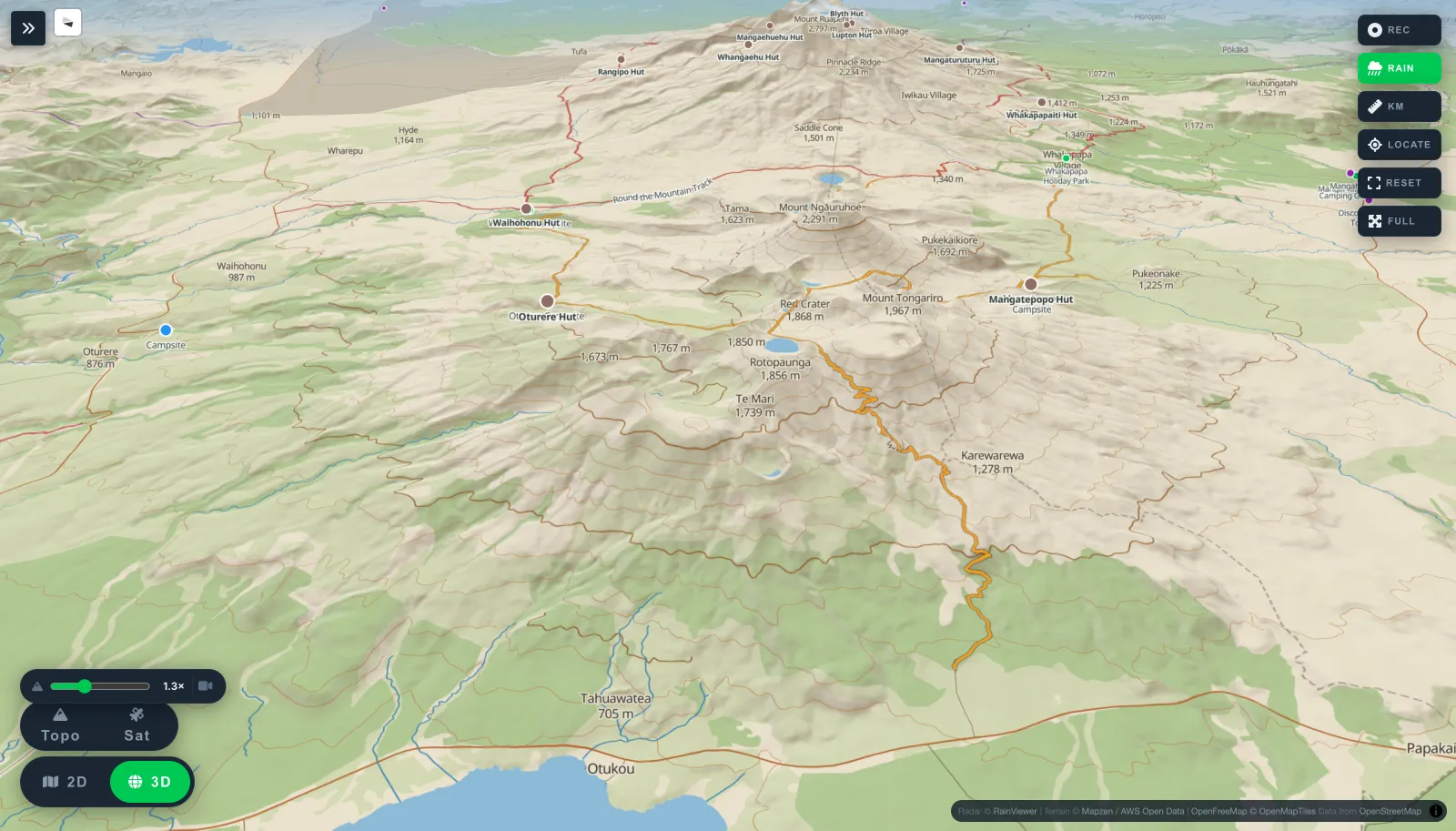 3D view of the Tongariro Alpine Crossing over volcanic terrain with the track drawn across the saddle.