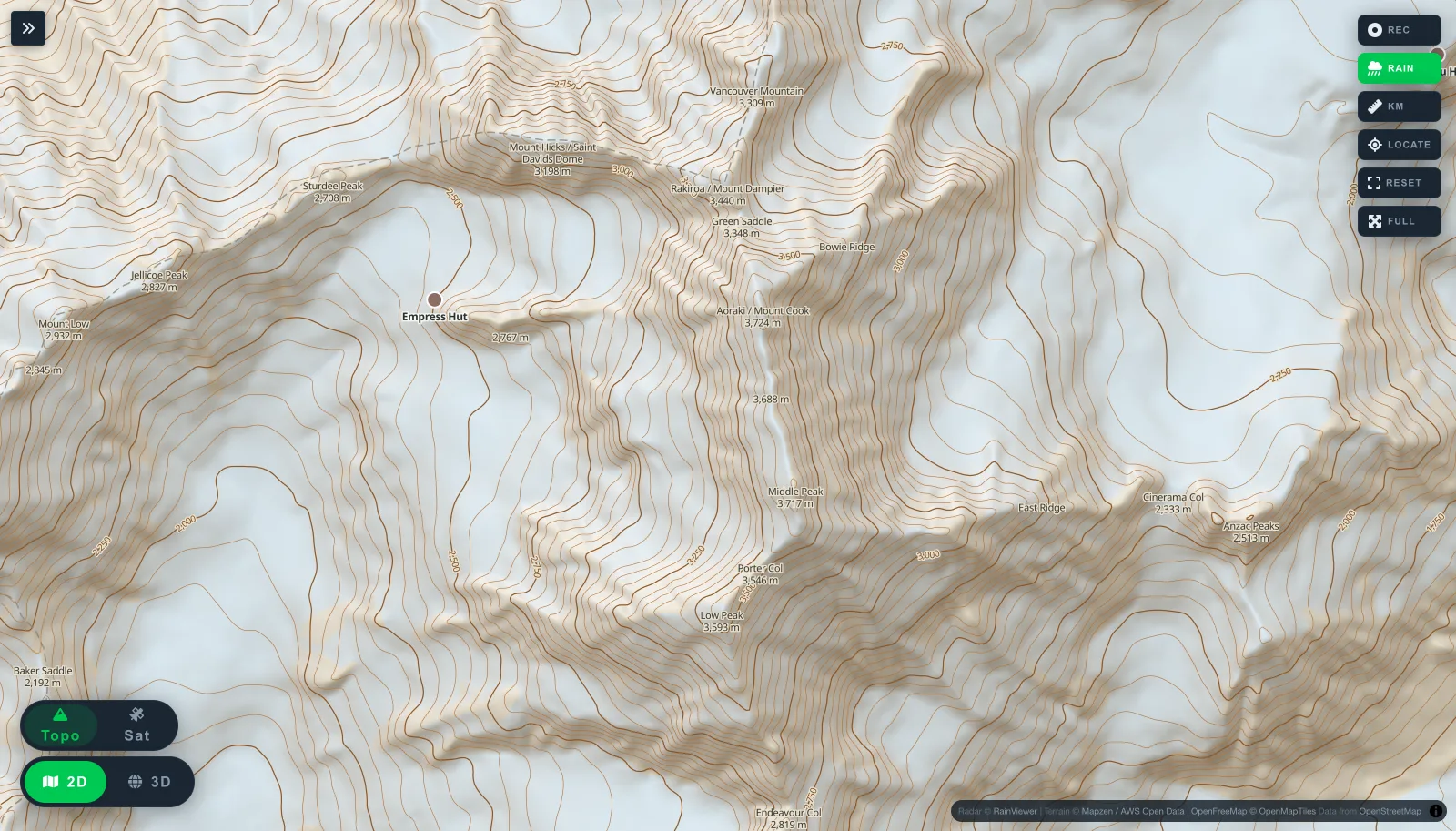 Flat topographic view of the Aoraki / Mount Cook massif: dense generated contour lines with elevation labels, named peaks, cols and Empress Hut.