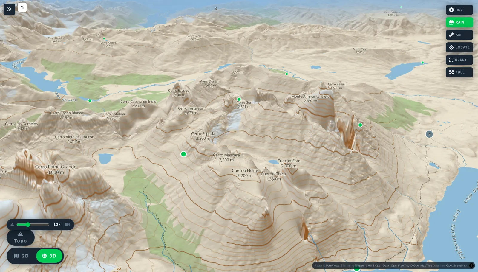 3D topographic view of the Torres del Paine massif in Chilean Patagonia.
