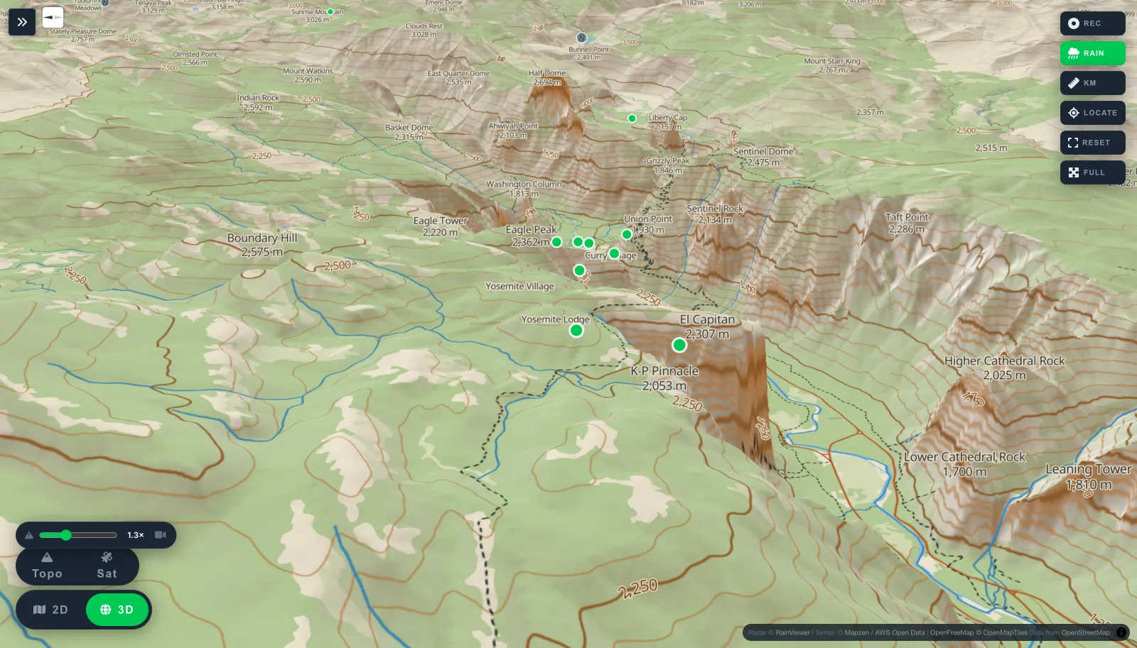 3D satellite view of Yosemite Valley, California.